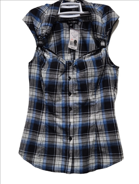 Le Château Blue, White & Gray Plaid Sweetheart Neck Top – NWT
